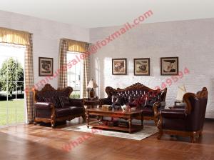 Wholesale European Classic Solid Wooden Carving Frame with Italy Leather Upholstery Sofa Set from china suppliers