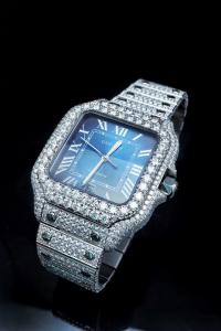 Wholesale OEM Blue Dial Iced Out Moissanite Watch Cartier Bussdown Watch from china suppliers