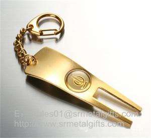 Wholesale Pearl gold golf pitchfork repair key tags, functional golf divot repair tool keychains, from china suppliers
