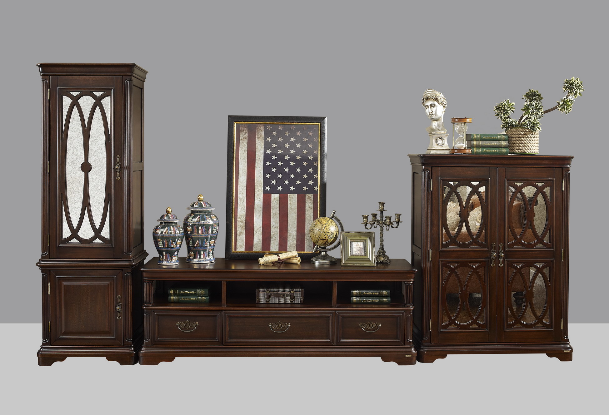 Wholesale American Antique Living leisure room furniture sets Wooden TV wall unit set by Floor stand and Tall display cabinet from china suppliers