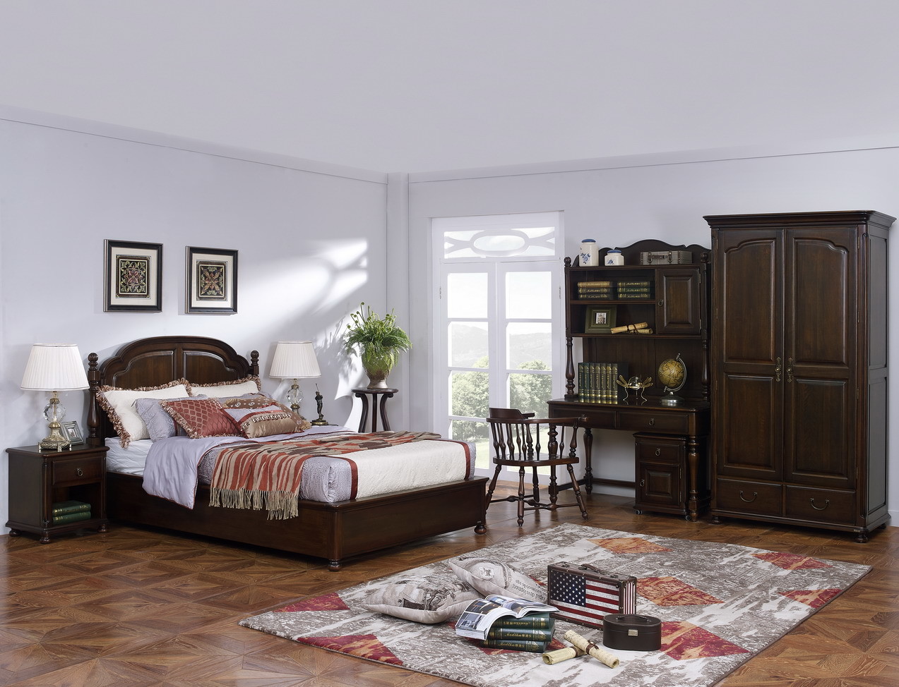 Wholesale American Leisure Antique Design Single bedroom furniture Small bed with writing Desk and Bookcase and 2 door wardrobe from china suppliers