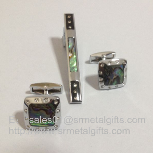 Wholesale Genuine mother of pearl tie clip and cufflink set, colored MOP clasp tie bar and tie clip, from china suppliers