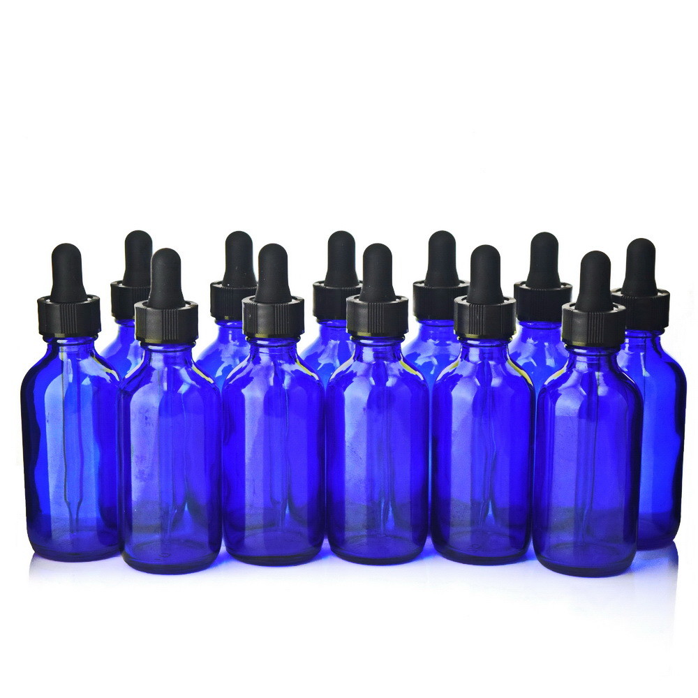 Blue Glass Dropper Bottles With Round Bottom And Black Child Resistant Cap