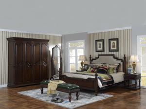 Wholesale Sandalwood Bedroom set Classic style BT-2902 High fabric Upholstered headboard Wooden king size bed with Cloth Wardrobe from china suppliers