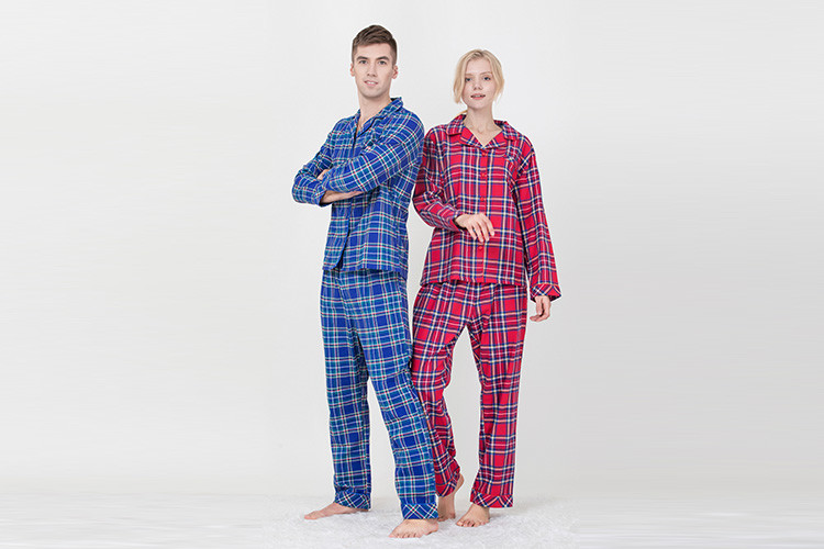 Wholesale Lovers Pyjamas Cotton Yarn Dyed Check Flannel Long Sleeve Long Pants Satin Piping Pocket Satin Fabric Covered Buttons from china suppliers