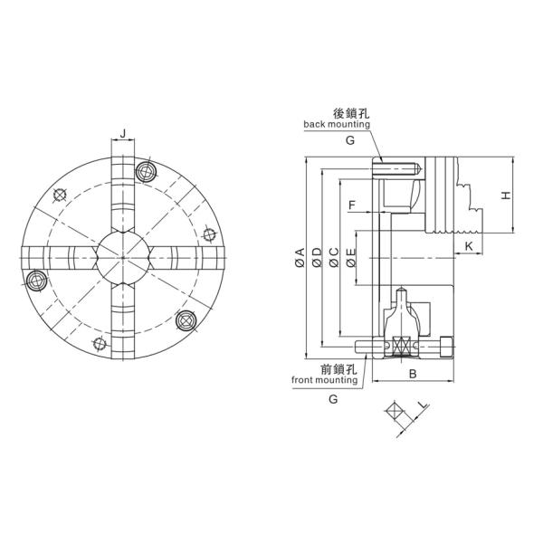SCF 4 Jaw Scroll Chuck Front And Back Mounted