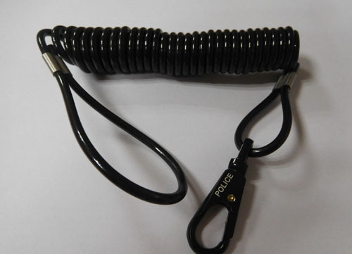 Coiled black tether holder custom different size loop ends w/big trigger snap