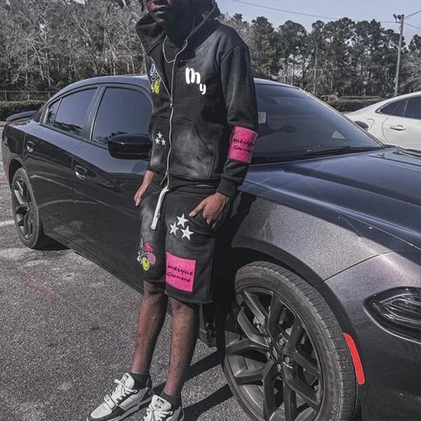 Custom Zip up Jacket Acid Wash Vintage Zipper Hoodie Sun Faded Shorts Sweatsuits Unisex Sets Zip up Hoodie and Short Jogger Set