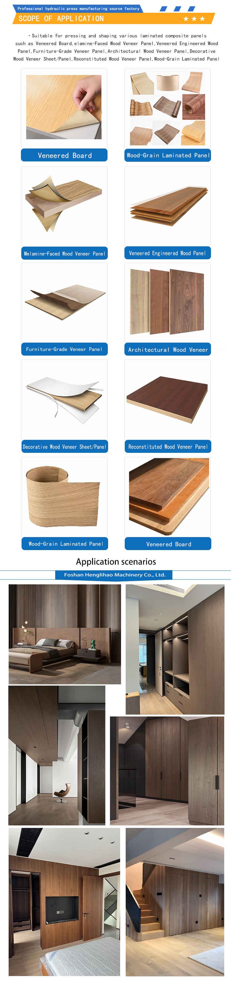 Multiple types of wood decorative materials are pressed using a double-layer automatic hot press machine for veneer pasting
