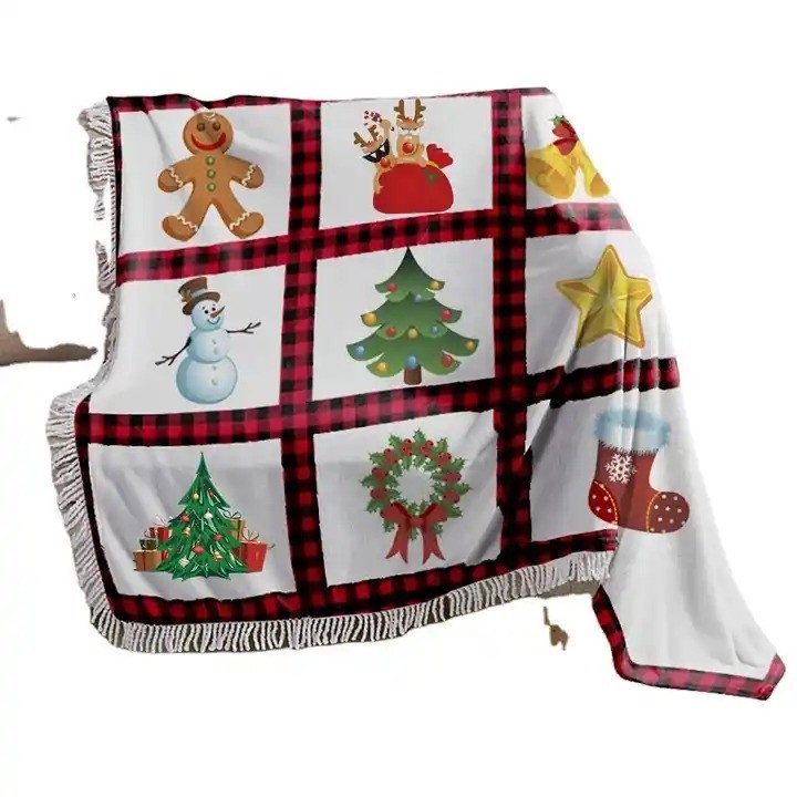 China Polyester Christmas Printed Subbank Throw Blanket with Red Plaid Panel and Tassel Trim on sale China Polyester Christmas Printed Subbank Throw Blanket with Red Plaid Panel and Tassel Trim on sale