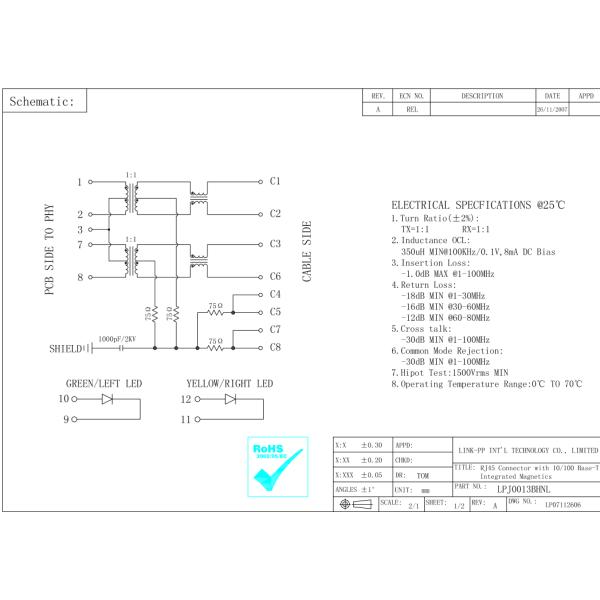 101110FF248M401ZA Magnetic RJ45 Jack Tap-Down 21.30mm Media Server LPJ0013BHNL