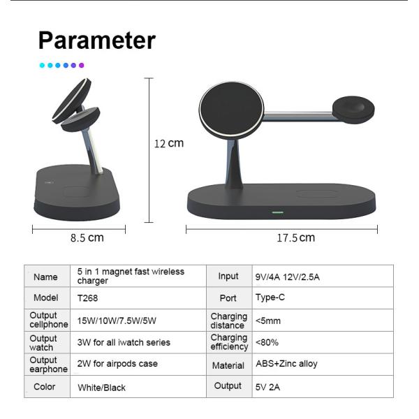 5 In 1 Magnetic Wireless Charger ABS Zinc Alloy Transmission distance charging distance ≤ 8mm