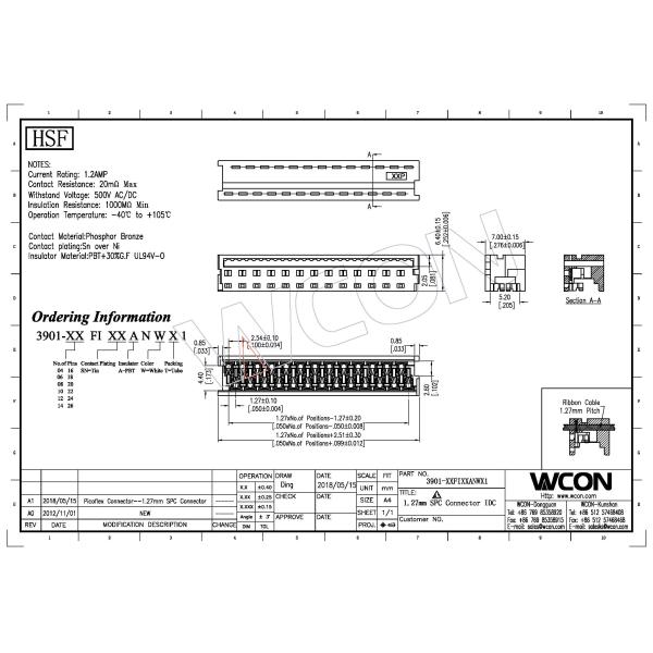 WCON IDC Type Circuit Board Wire Connectors 1.27mm 24p Pbt White Sn Plated