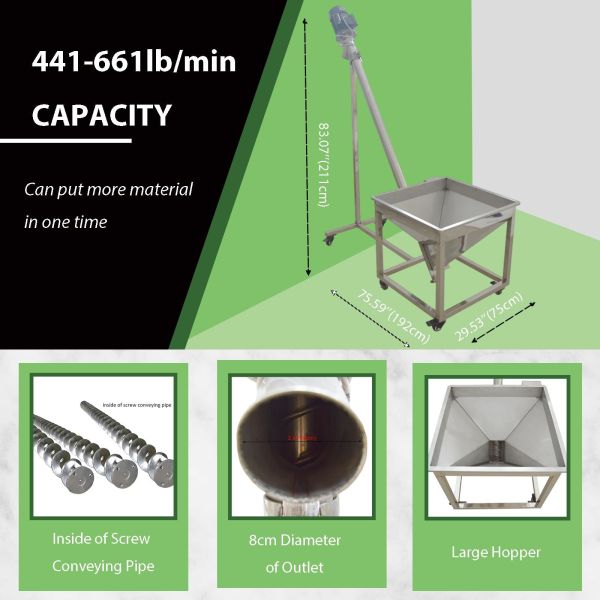 oem Incline Auger Screw Conveyor Industrial Helical Hopper Spiral Powder Feeder 750W Stainless Steel 441-661 lb/min Spring Loader 220V 1PH