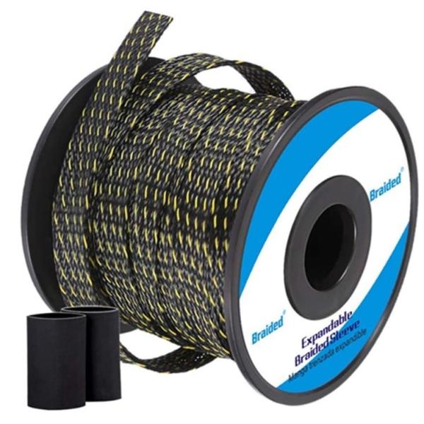 Black And Yellow Flexible PET Expandable Braided Sleeving Abrasion Resistant