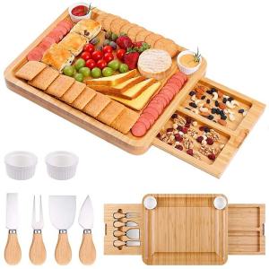 Sleek Bamboo Cheese Plate with Knife and Fork and 2 Ceramic Bowls 44x33x4cm