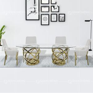 Oval Shape Tempered Glass Dining Table 240x120x75cm White Reeded Pillar