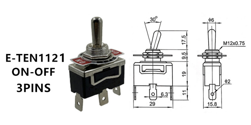 E-TEN1121 3-pin toggle switch Type 1121 rocker switch, 12mm push-button switch, three-pin two-position switch with current-enhancing screw terminals