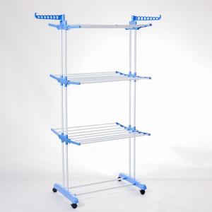 China 3 Tier Foldable Laundry Rack Movable With Wheels And Hooks on sale