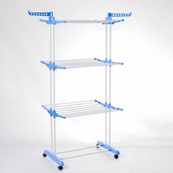 Quality 3 Tier Foldable Laundry Rack Movable With Wheels And Hooks for sale