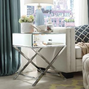 1 drawer silver mirrored nightstand X base end table corner table for bed room