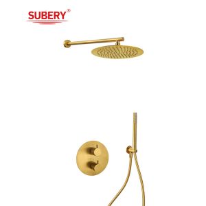 Concealed In Wall Thermostatic Faucets Brushed Golden Brass OEM Round