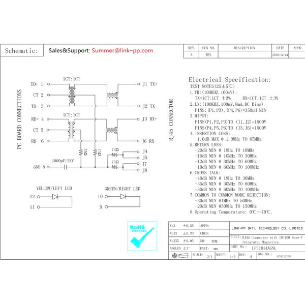 TS-50005 Ethernet Rj45 connector LPJ1014AGNL Tab-Up 10 / 100M With LEDs IP-PBX