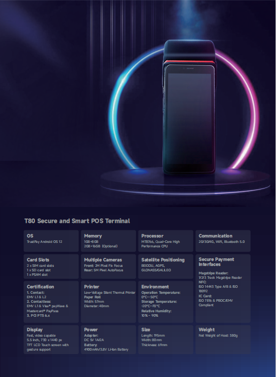 Wisecard Android POS Terminal technical specifications and interface