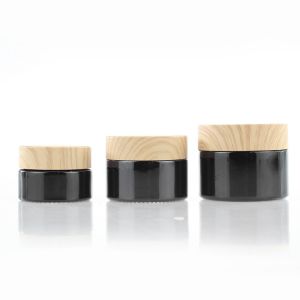 Black Matte Cosmetic Glass Jars 50g with Bamboo Screw Cap