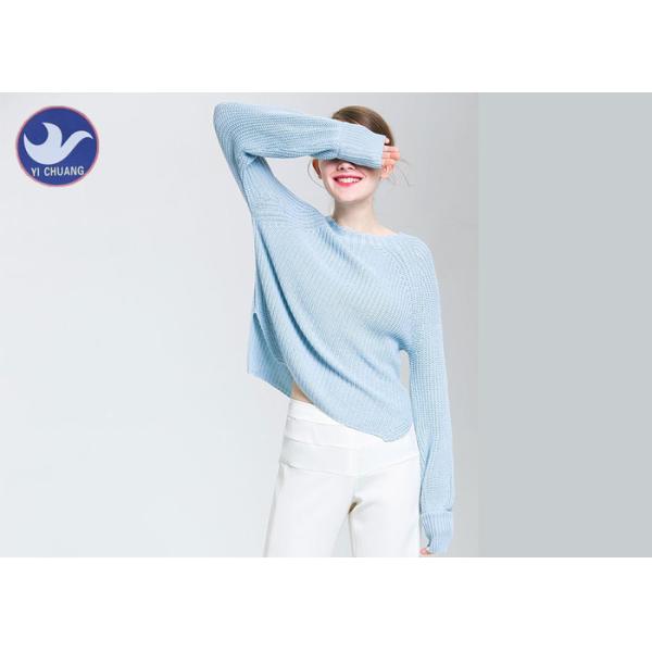 Quality Raglan Sleeves Womens Knit Pullover Sweater Crew Neck Front Short Back Long Type for sale