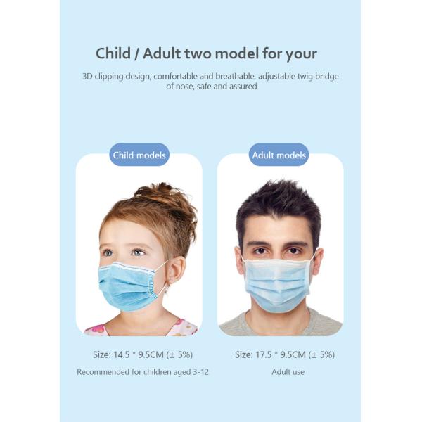 Non Woven Disposable Earloop Mask Protective Face Masks Blue Color 17.5 * 9.5cm