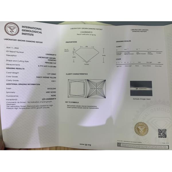 1.37CT Fancy Intense Yellow VVS1 EX VG CVD Lab Made Diamonds Princess Cut IGI Certificated