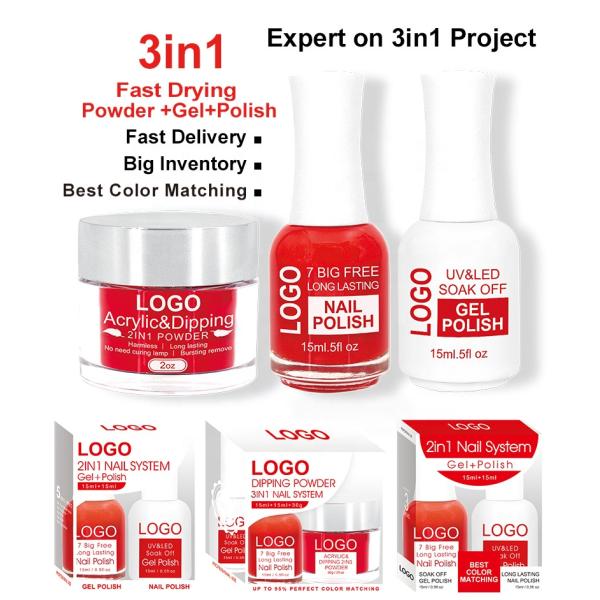 High Quality Wholesale Colored 3 in 1 Gel Nail Polish and Dipping Powder Dipping Powder Nail System