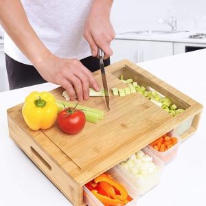 Bamboo Cutting Board with 4 Drawer Organizer Trays Space-Saving Kitchen