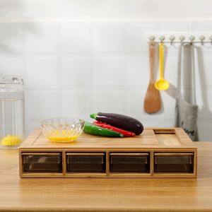 Bamboo Cutting Board with 4 Drawer Organizer Trays Space-Saving Kitchen