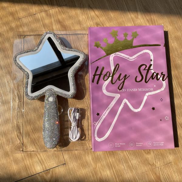 Long Handle Lighted Cosmetic Mirror Fashion Star Shaped Vintage Gold for Everyday