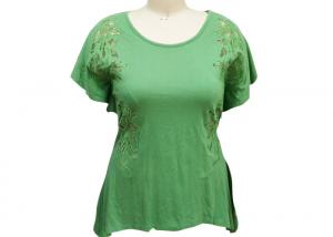 Wholesale Ladies Short Sleeve T Shirts , Womens Green Shirt Blouse Hollow Embroidery Lace Inside from china suppliers