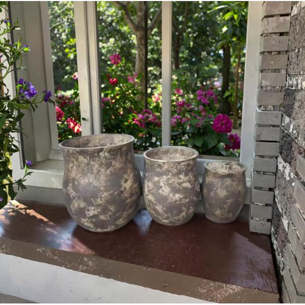 Gray Dotted With Beige Mottlings Round Fiber Clay Planter Planting Trees