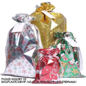 Christmas Gift Bags, Santa Wrapping Bag Designs With Inserted Drawstring Ribbons