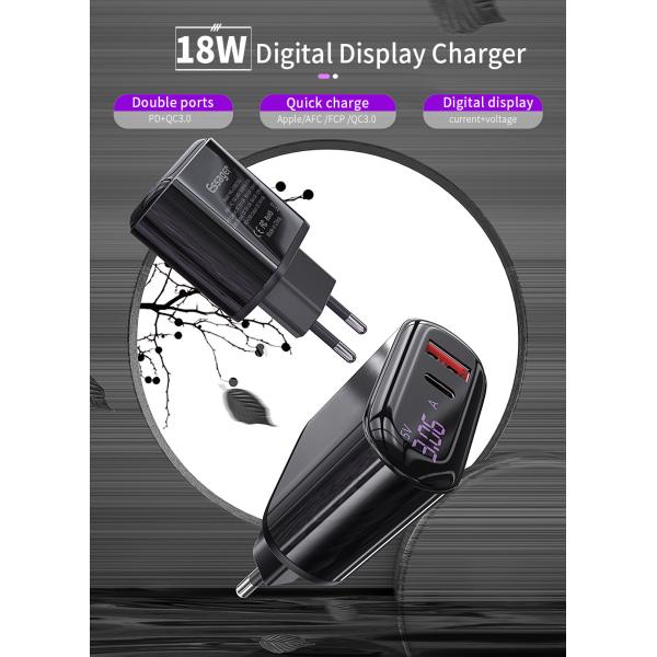 Essager 2021 Shining LED Display 3A Fast Charger USB Type Charger Cable USB PD QC3.0 Mobile Phone Charger