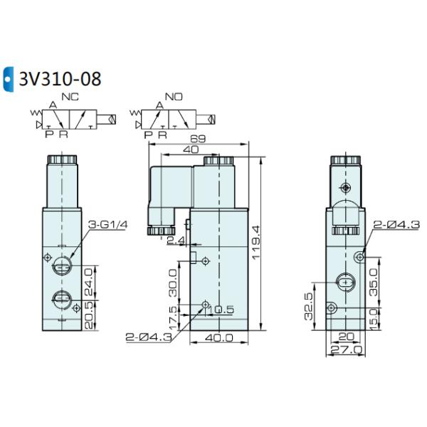 3V310-08 Airtac Type 3 Way Pneumatic Air Solenoid Valve 1/4'' 12VDC