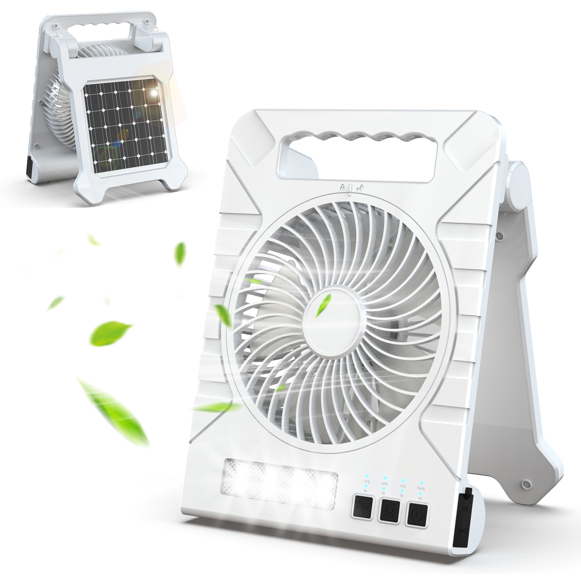 Outdoor All-Rounder,Solar/USB-C Dual Charging ,Four-Speed Camping Fan Light