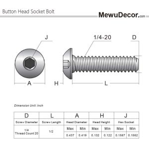 1/4-20 x 1/2 Inch Button Head Socket Cap Bolts 18-8 Stainless Steel 304 Plain