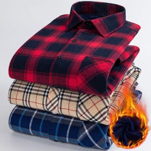 Thickened Fleece Viscose/Polyester/Spandex Plaid Shirt for Men's Office Causal