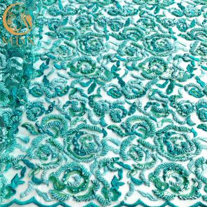ODM Mint Green Handmade Lace Fabric With Beads 135Cm Width