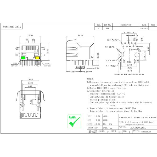 5-6605435-1 Magnetic RJ45 Jack 10 PIN DECOUPLING CAPACITOR LEDs LPJG0820G28NL