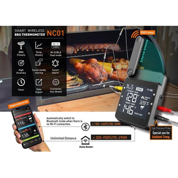 Quality Smart Digital WiFi Remote Bluetooth Meat Thermometer With Magnet Typec Rech for sale