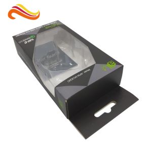 customized card board packaging box with clear PVC window paper hanger and