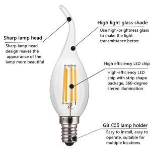 C35 tail E14 LED Filament Bulb 220-240V 2W led filament candle bulb