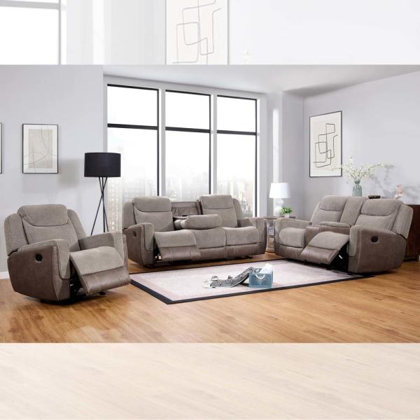 Recliner Sofa set with Dropdown Table and Storage Box, Light brown & Brown Fabric